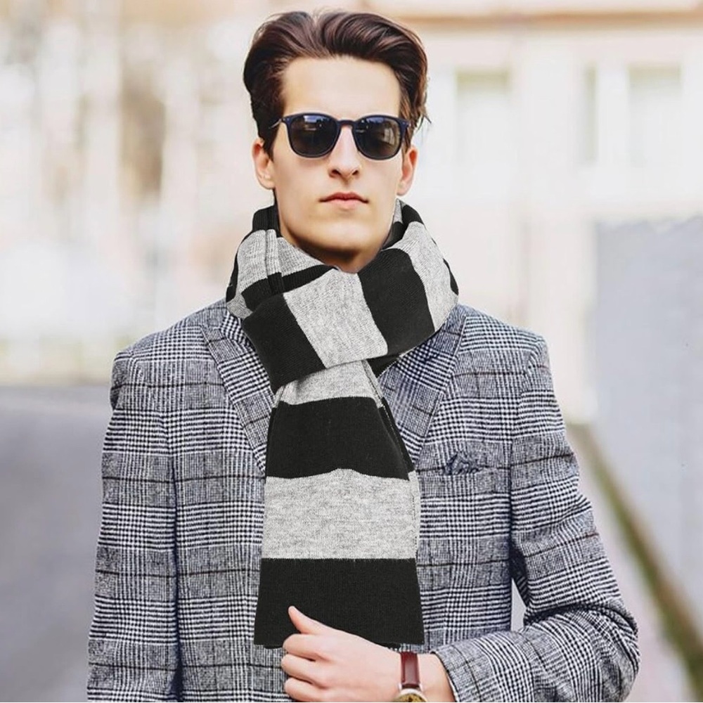 Stylish Black and Gray Men's Scarf 10” x 70”Wool double